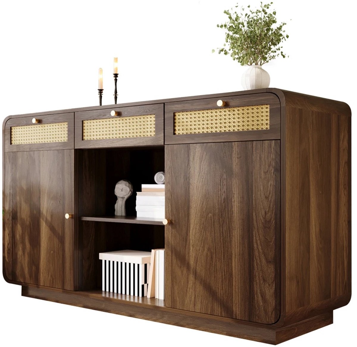 Emvae Dressoir - Opbergkast - 3 Rotan Laden - 2 Deuren - 120 x 40 x 85 cm - Spaanplaat en MDF - Walnoot/Goud