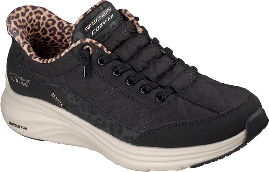 Zwarte sneaker met panterprint voering, 'Cozy Fit' en 'Slip-ins' opdruk, contour foam zool.