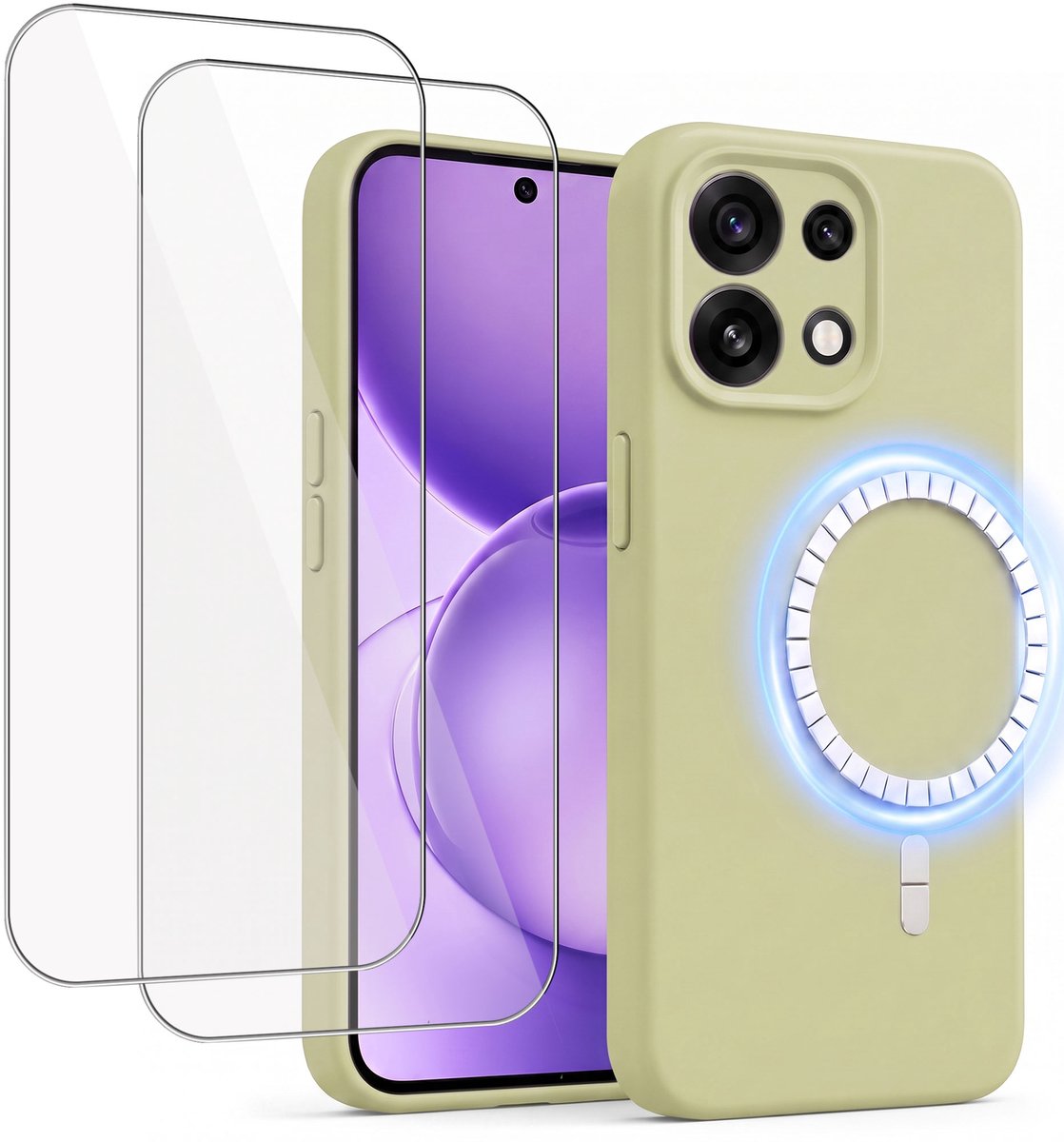Hoesje + 2x Screenprotector geschikt voor Oppo Reno 16 Pro - Hoesje geschikt voor Magsafe - Draadloos opladen - Gehard Glas - Salie Groen