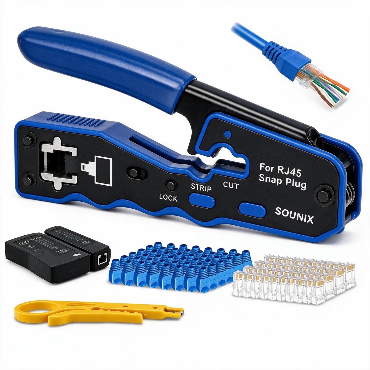 Sounix Netwerk Tester Set - Kabeltester voor CAT.5/CAT.6 - Krimptang - Stripper- UTP, FTP, STP RJ45, RJ11 Testers - Blauw