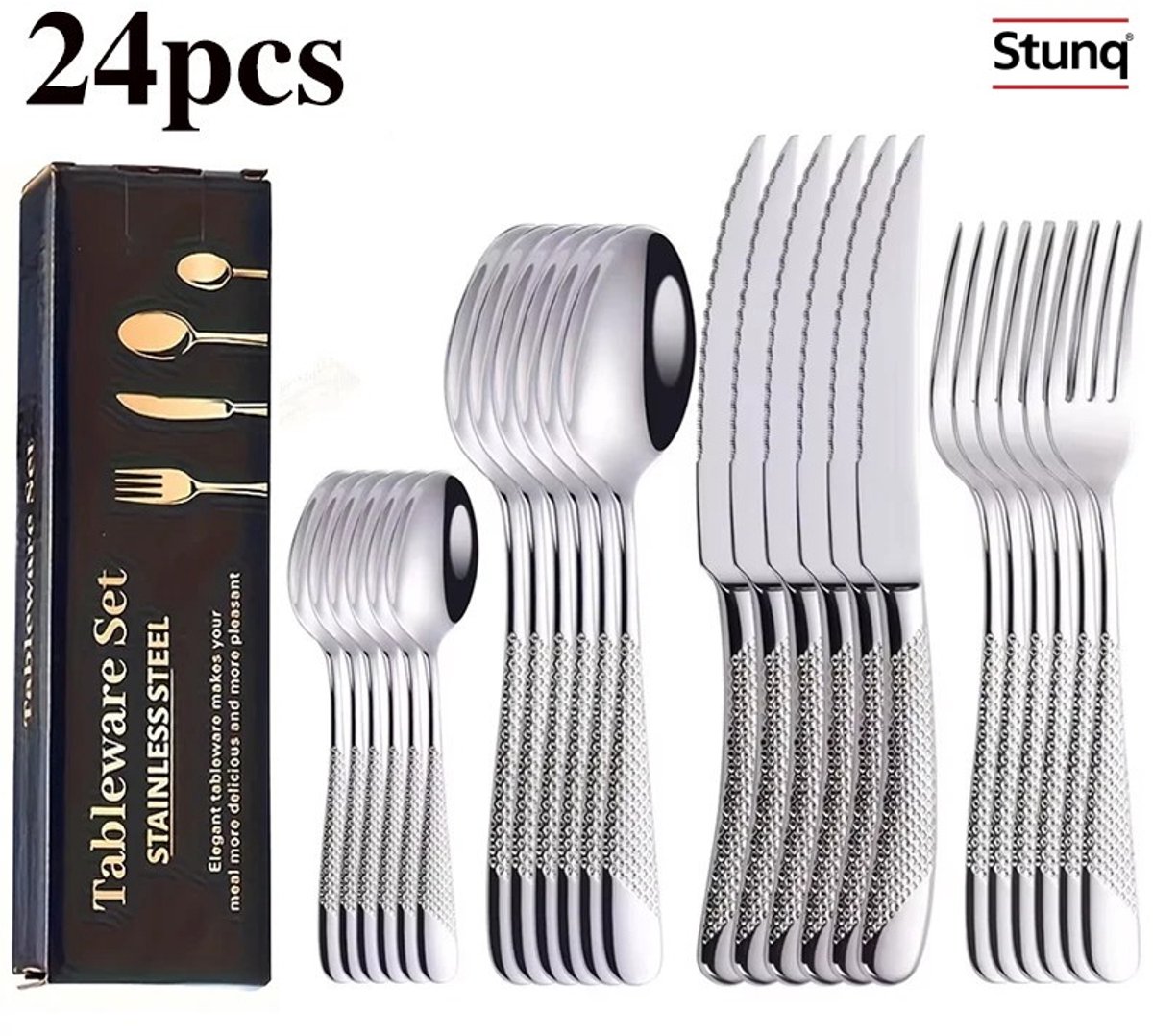Stunq® 24-delige roestvrijstalen bestekset in zilver – mes, vork, lepel, koffielepel