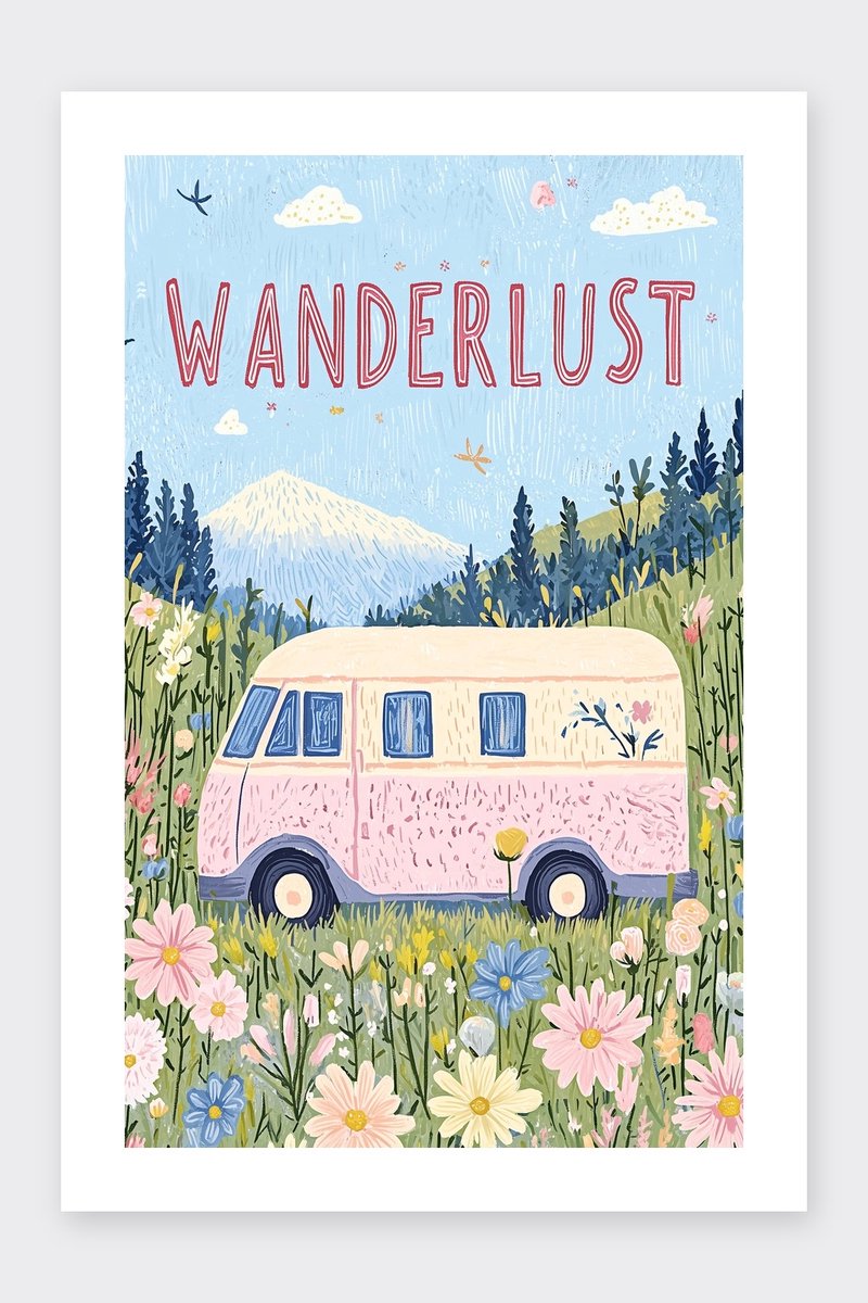 Wanderlust Poster - Tekst - Bus - Natuur - Avontuur - Inspirerend - Kunst - posters - formaat 30x40cm - Wanddecoratie - BXS4966AZ - Met kader - passe-partouts stijl
