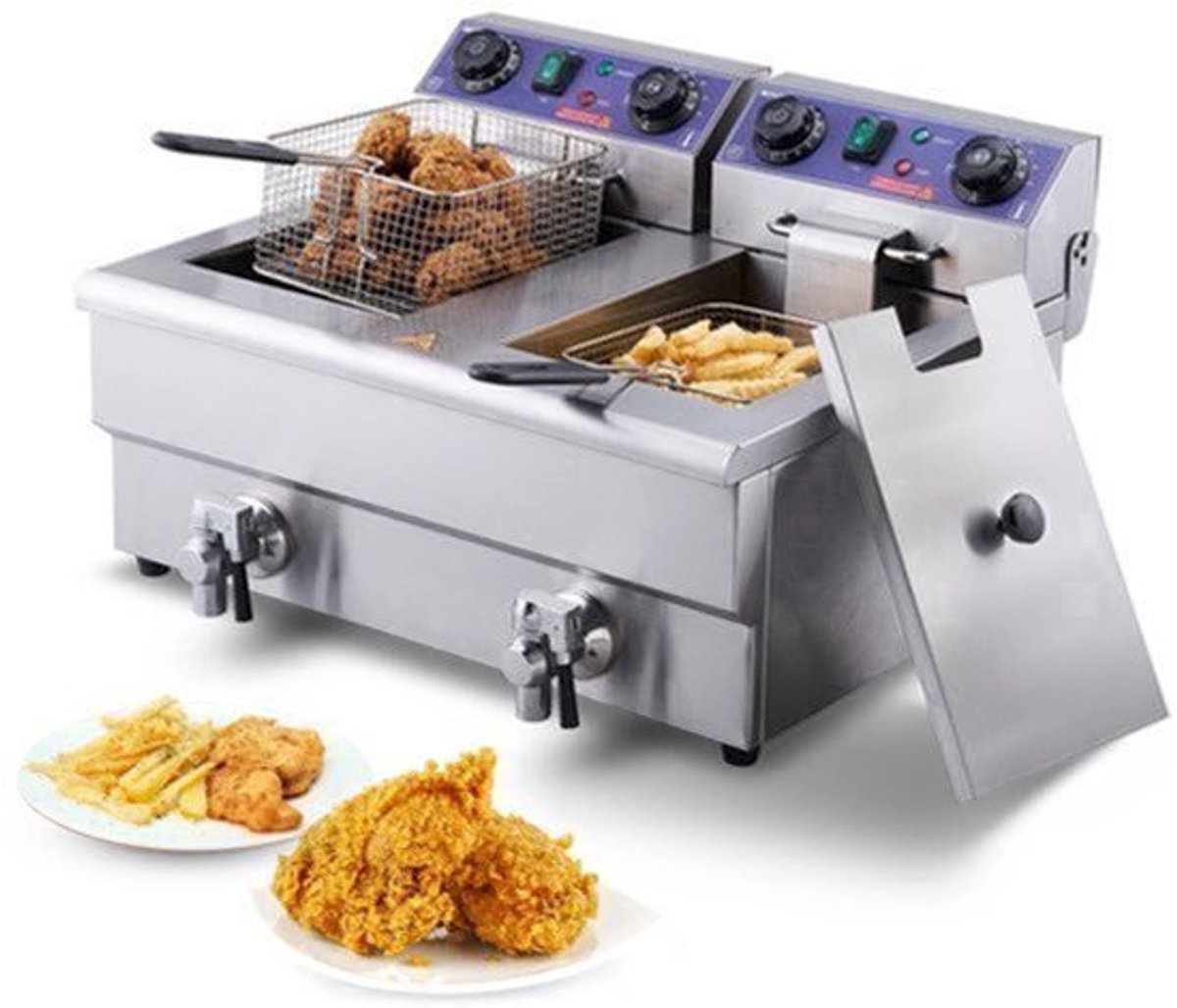 Frituurpan - Dubbele tanks - Commerciële elektrische frituurpan - Roestvrij staal - met timerfilter - 3000W - Frituurpan voor op het aanrecht voor gefrituurde kip en frietjes - Zilver