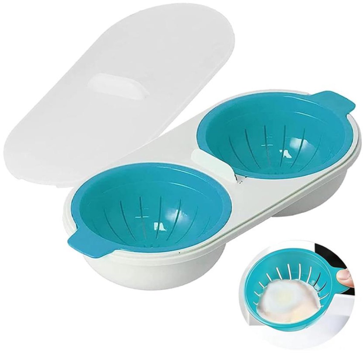 Magnetron Eierkoker - 2-holte gekookte eierkoker - Met afvoerzeef - Gepocheerde eierstomer - Efficiënte keuken gestoomd gepocheerd ei gadget - blauw