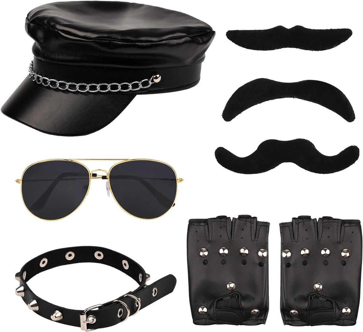 Complete 7-delige Biker Kostuum Set met Hoed, Ketting, Zonnebril, Punk Handschoenen en Neppetjes voor Cosplay en Verkleedfeest