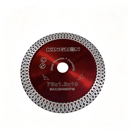 KINGLION diamanten doorslijpschijf. Rood met een zilverkleurige, versierde rand. Vermeldt "76x1.3x10" en "MAX: 20400RPM".