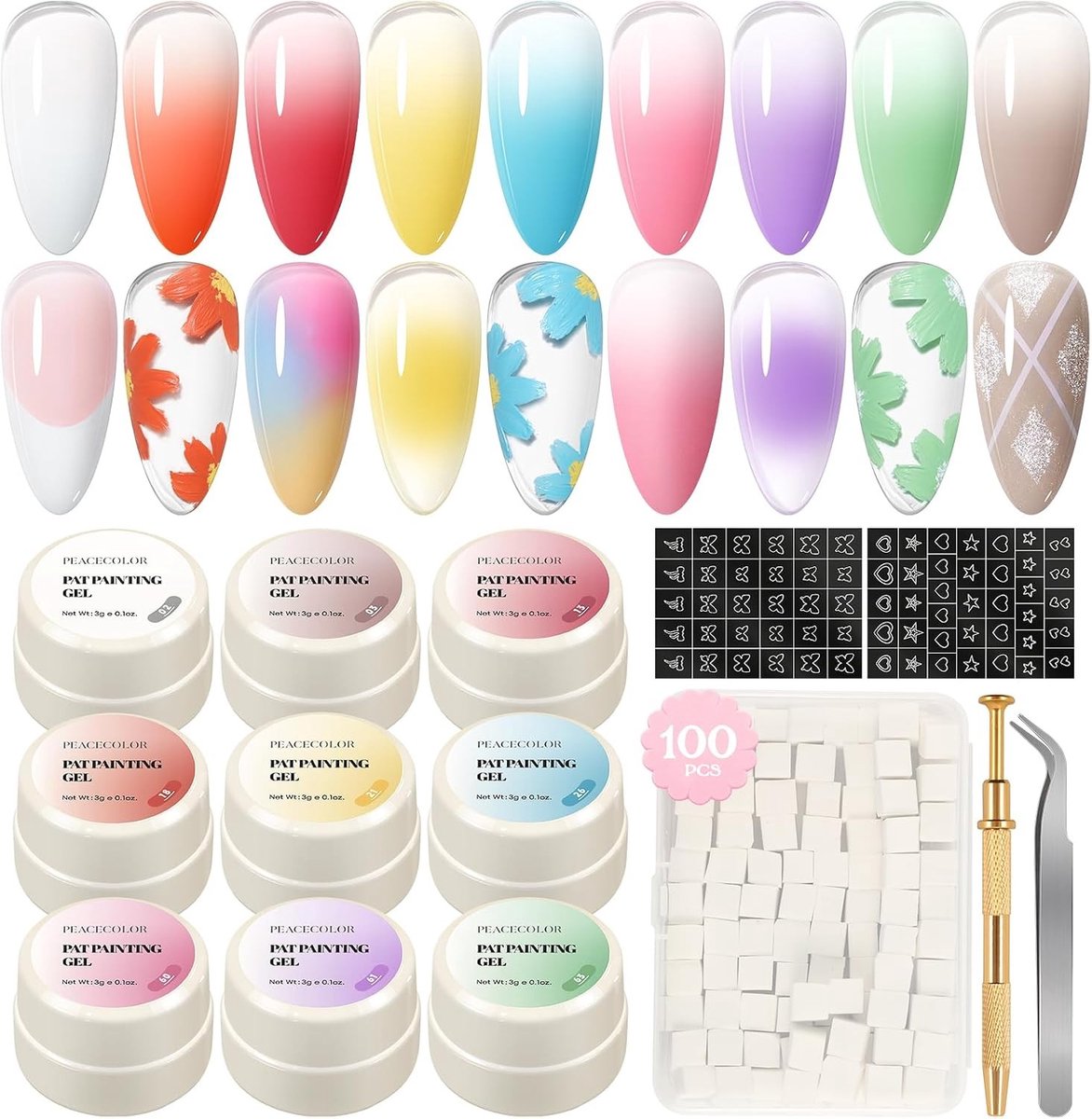 Gel nagels starterspakket - 9 kleuren - Compleet met sponsjes en metalen pincet - Voor gradient en Franse manicure