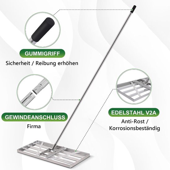 Professionele Tuin Rake - Lawn Leveler - Gras Egaliseren - Roestvrij V2A Staal - 85 x 35 cm - Zilver — afbeelding 2