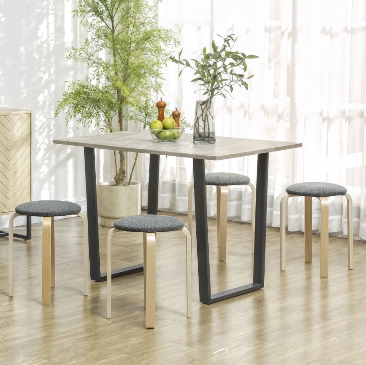 MIVRAY Hocker – Ronde Stapelbare Kruk – Set Van 4 – Comfortabel Met Linnenlook Bekleding En Houten Poten – Voor Eetkamer En Keuken – Grijs