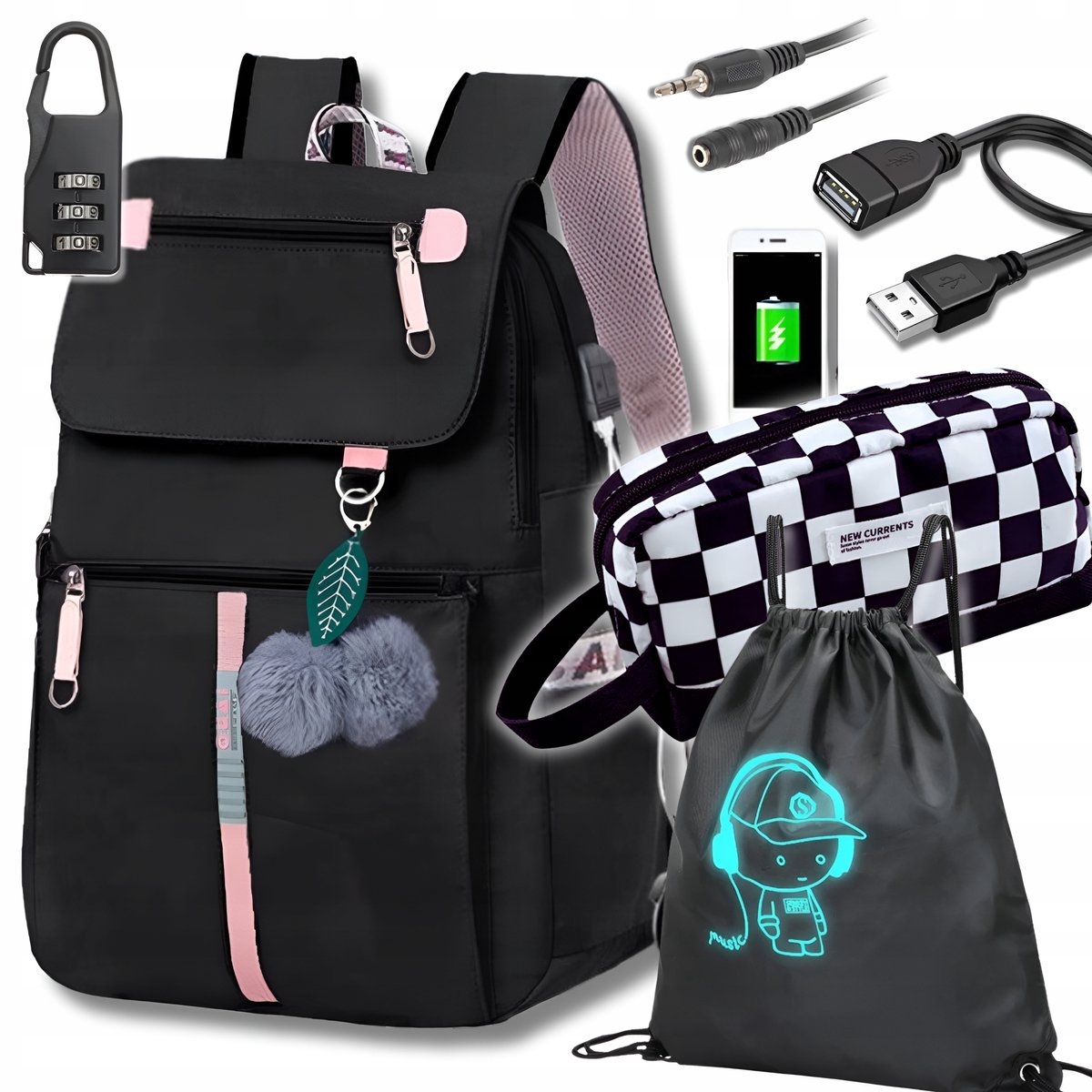 Complete Schooltas Set: Rugzak, Etui, Shopper & USB Poort