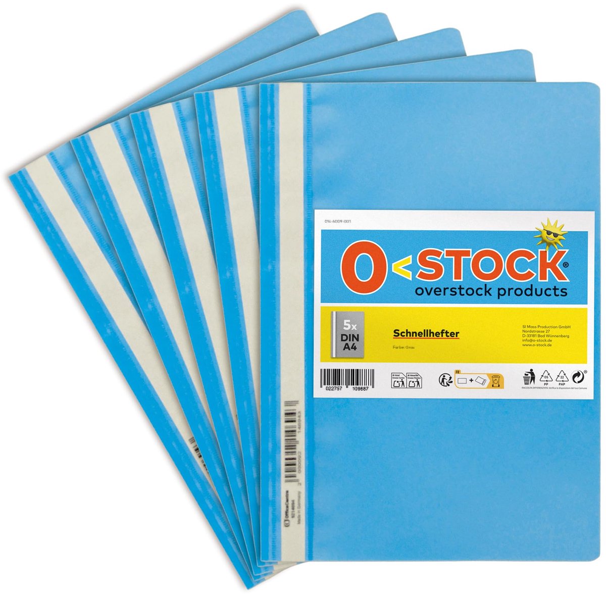 5 x snelhechtmappen A4, kleur lichtblauw, stabiel, transparante voorkant, metalen opbergmechanisme, made in Germany - ShopVlot