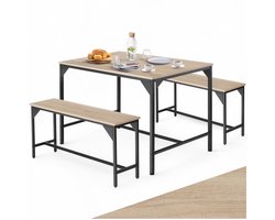 tectake® Zitgroep 3-delig - Eetgroep voor 4 personen - Eettafel met 2 banken - Industrieel design - Zwart metalen frame - Draagkracht tafel 100 kg bank 200 kg - Afmeting (LxBxH) tafel 110 x 70 x 75 cm bank 97 x 30 x 50 cm - Lichtbruin