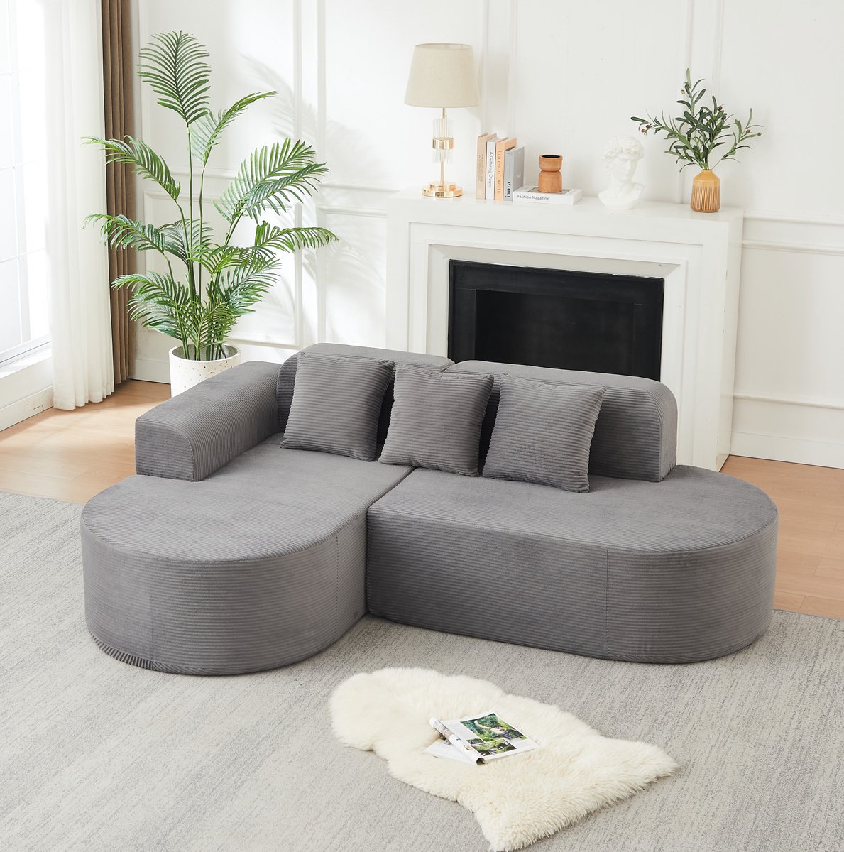 FloraGrace Hoekbank 220 x 155 cm - 4-Zits L-Vormige Modulaire Bank Met Gebogen Rugleuning En Armleuningen - Corduroy - Grijs