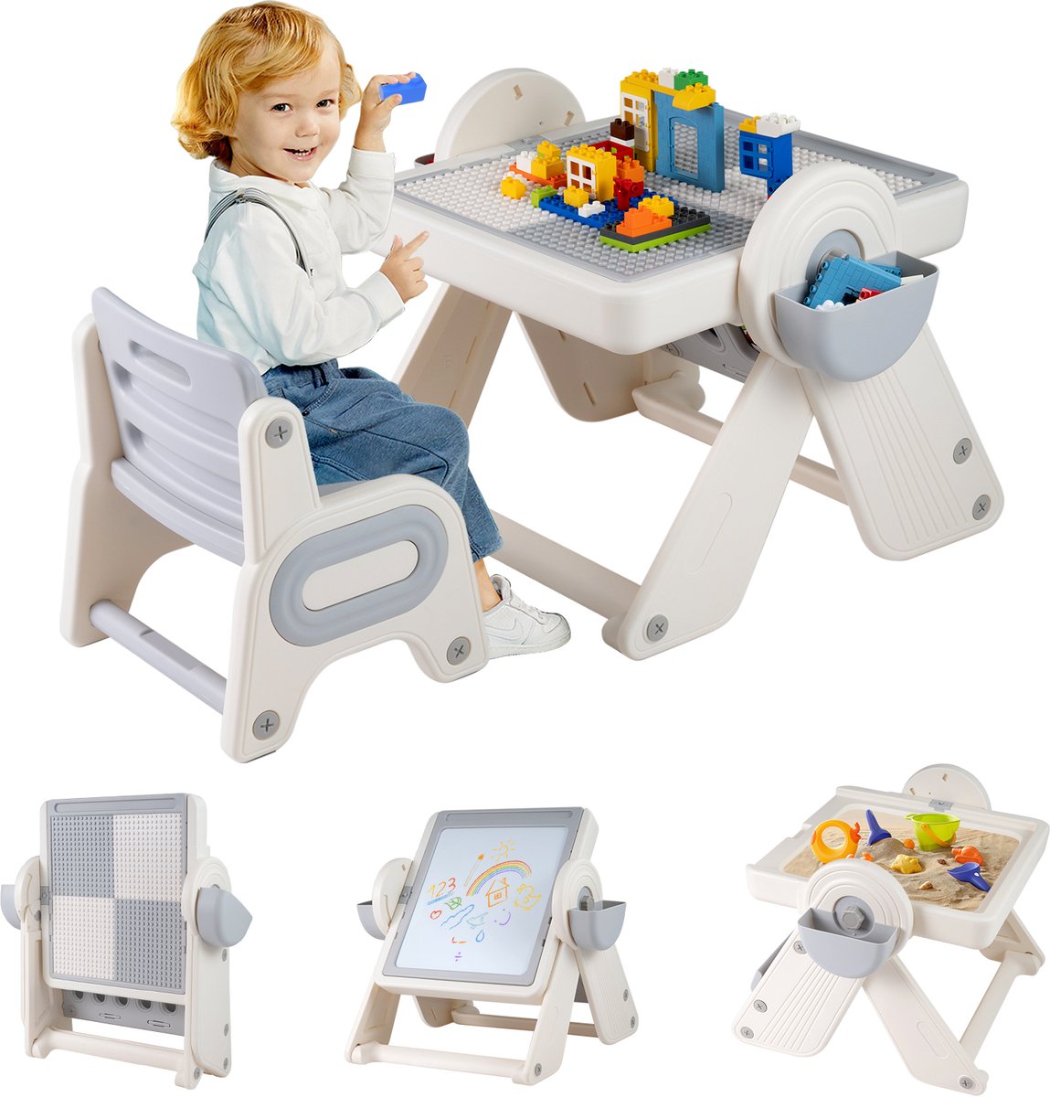 COSTWAY 6-in-1 kindertafel met stoel, schildersezelset inklapbaar en 3-traps in hoogte verstelbaar, schildertafel met omkeerbaar tafelblad, boekenplank en manden, speeltafel voor kinderen vanaf 18