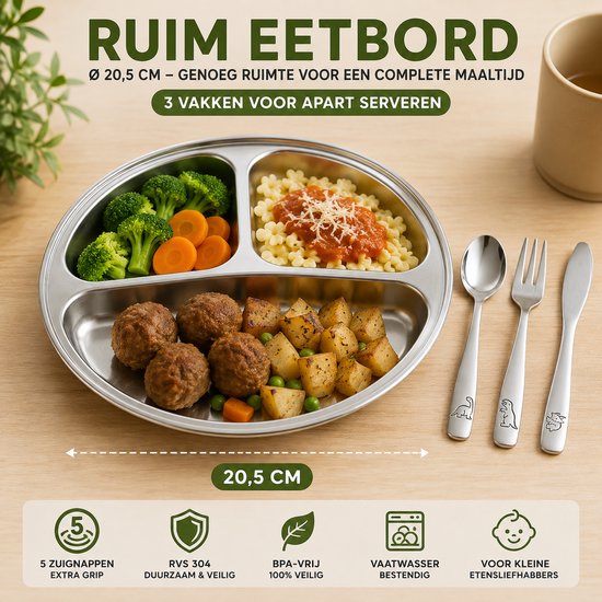 Nunu’s® RVS Kinderservies Set - Bord met 3 Vakken + Zuignappen, Lepel, Vork & Mes - Antislip & BPA-vrij - Hygiënisch Baby & Peuter Servies van Nunu’s® — afbeelding 3