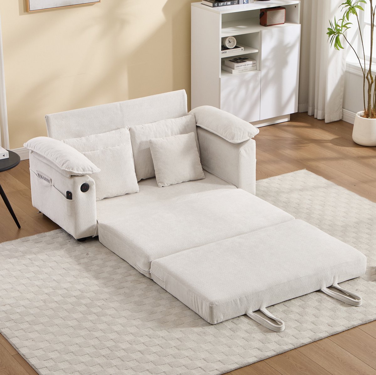 FloraGrace Slaapbank – 2-Zits Futon Met Uitklapbare Slaapfunctie En Zijvak – Voor Woonkamer Of Slaapkamer – Chenille – Wit