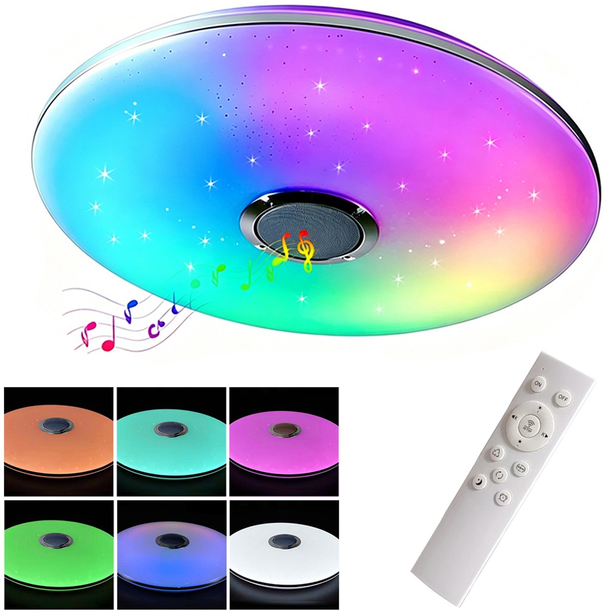 Slimme LED-plafondlamp - Ultradunne LED Bluetooth-muzieklamp - RGB-plafondlamp - Geschikt voor kinderkamers, slaapkamers en woonkamers - Plafondverlichting – Bediening via mobiele app - Met afstandsbediening en speaker - 50 cm - 70 W - Wit