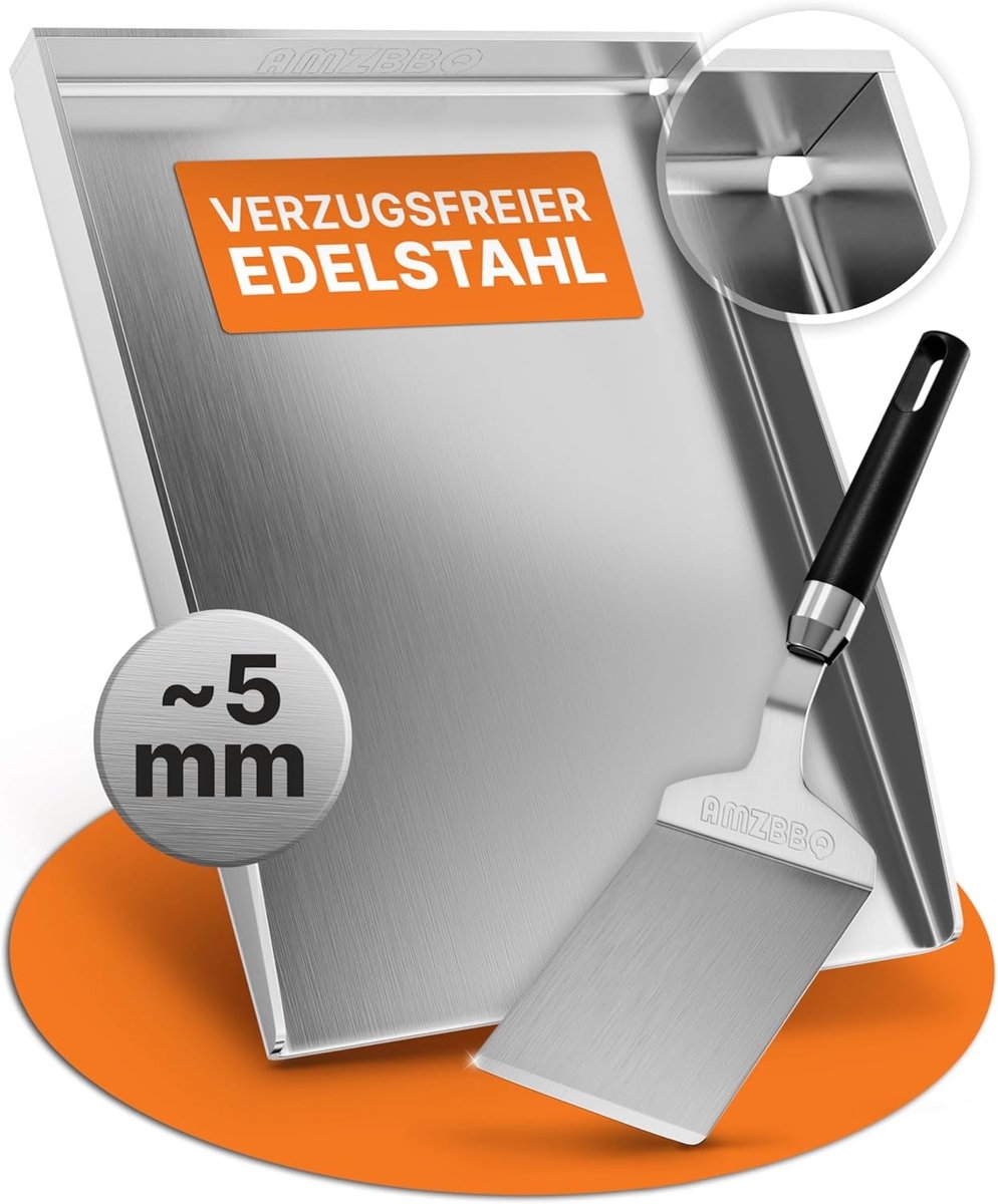 Plancha Grillplaat Set - Roestvrij Staal - 40 x 30 cm - Dikke Grillplaat voor Gas- en Houtskoolbarbecue