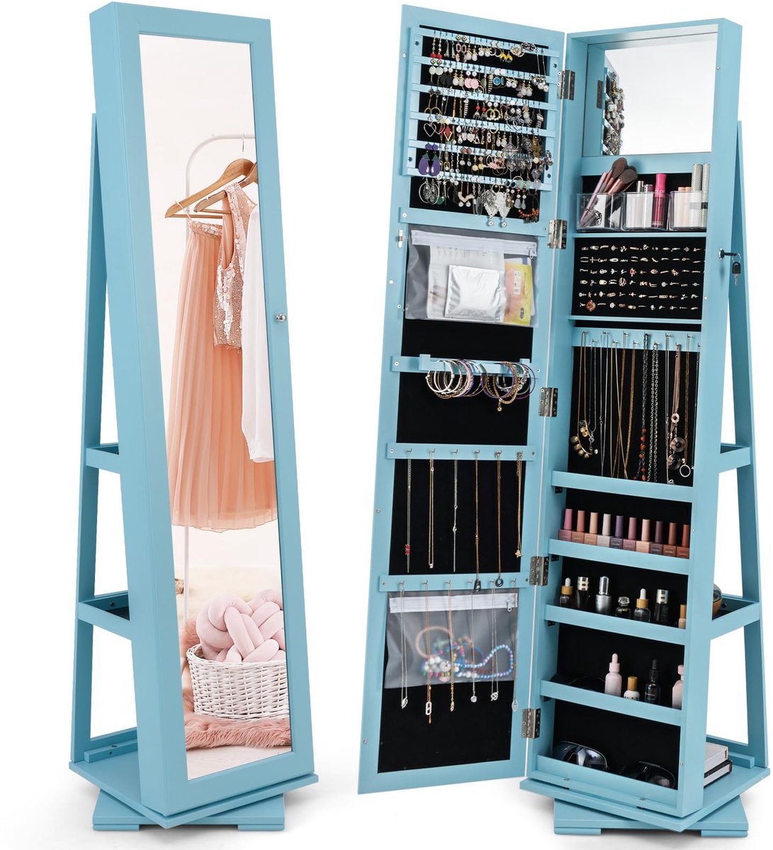 COSTWAY 360° draaibare sieradenkast, full-body spiegel, spiegelkast met sieradenopslag en 2 planken, sieradenorganizer, afsluitbaar met sleutels (39 x 39 x 161 cm, blauw)