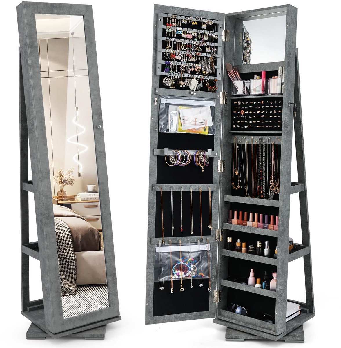 COSTWAY 360° draaibare sieradenkast, full-body spiegel, spiegelkast met sieradenopslag en 2 planken, sieradenorganizer, afsluitbaar met sleutels (39 x 39 x 161 cm, vintage grijs)