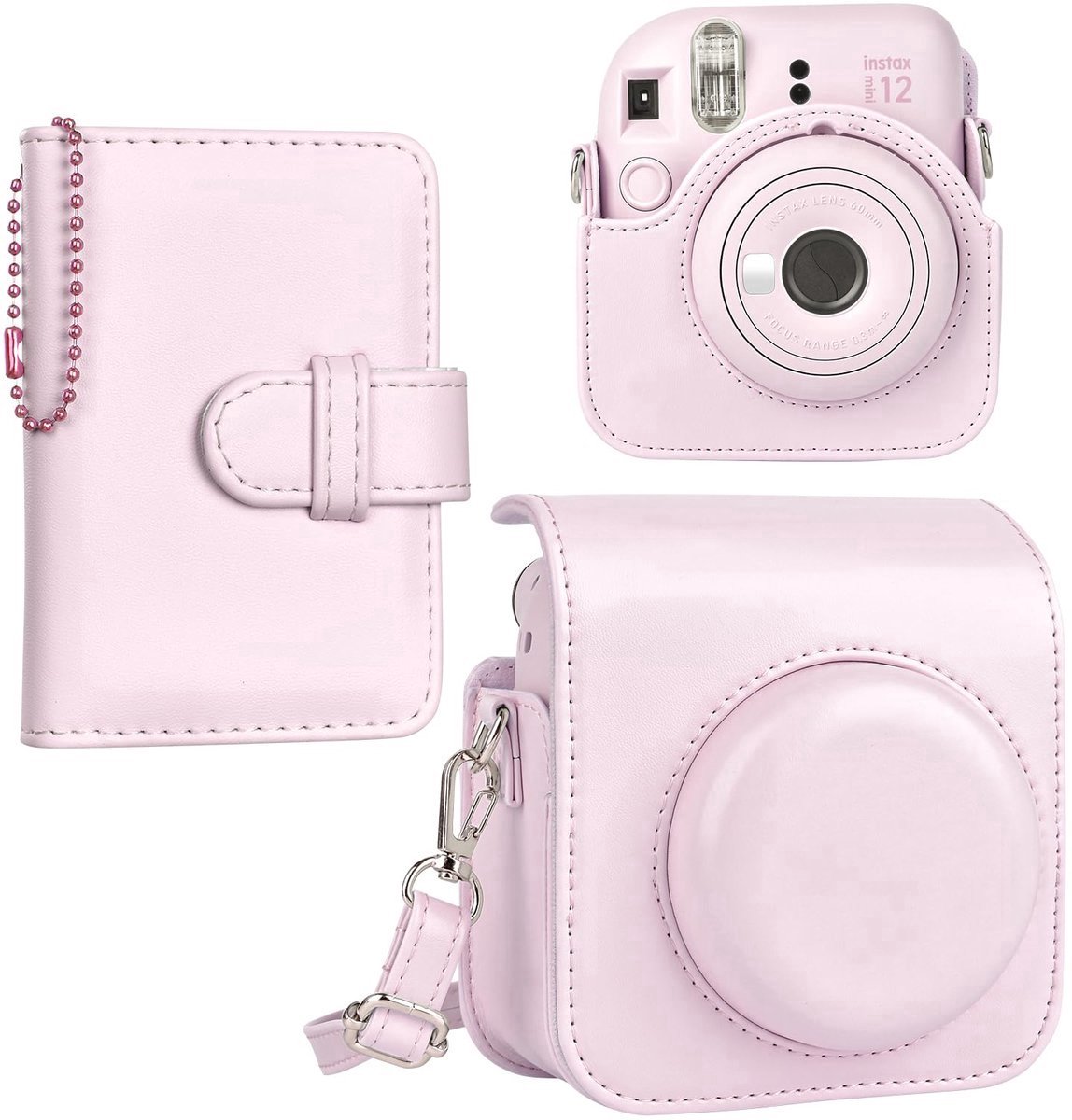 Beschermend leren hoesje geschikt voor Fujifilm Instax Mini 12 Instant Camera - Geschikt voor Instax Mini 12 Case en Mini Fotoalbum - Accessoires Set - Cameratas - Roze