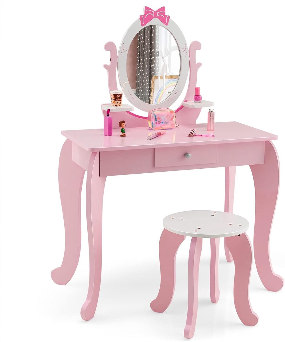 KOMFOTTEU Make-uptafelset voor kinderen - met spiegel, kaptafel - voor meisjes met lade - make-uptafel met kruk voor kinderen - roze
