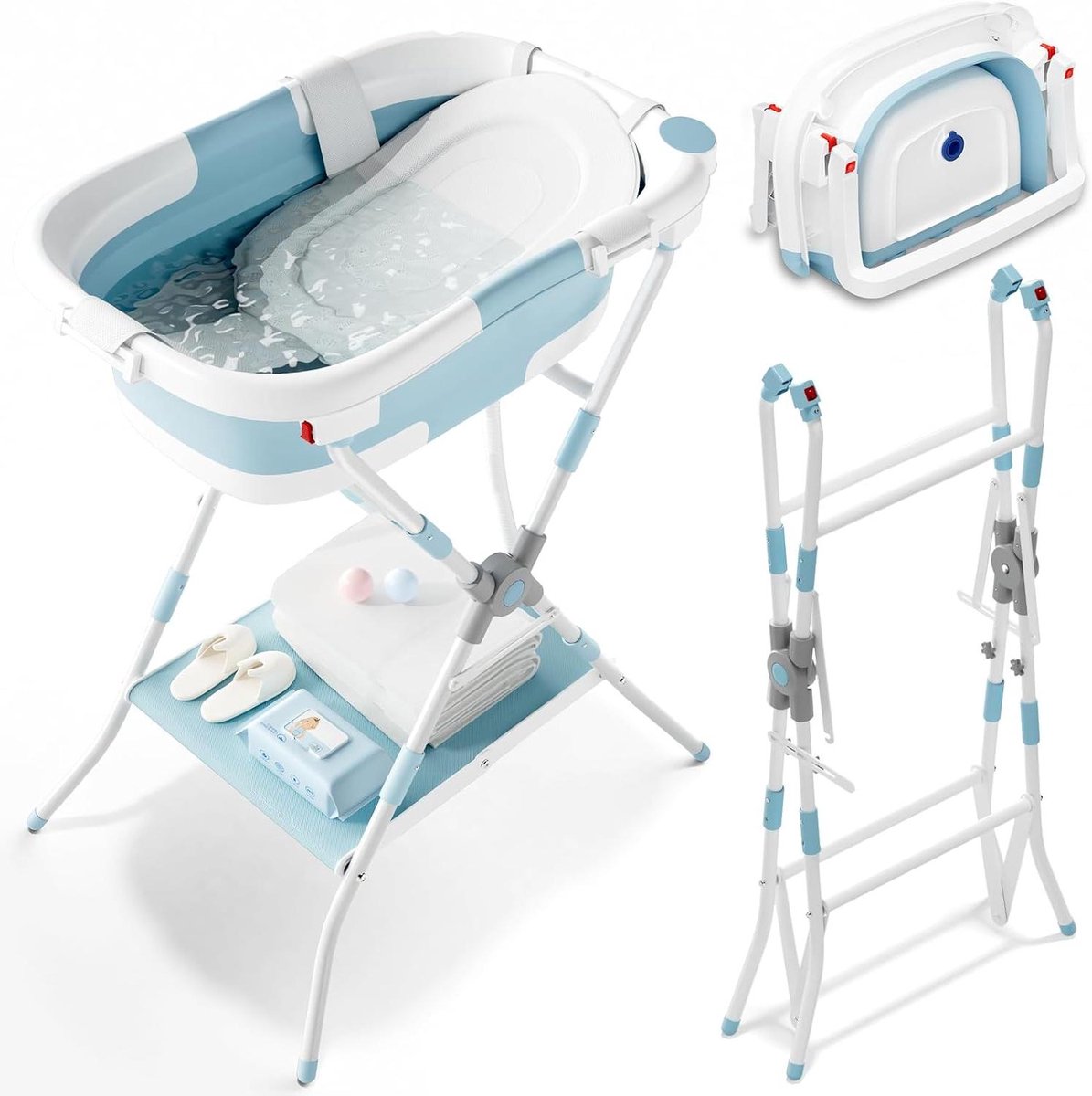 Opvouwbaar Babybad - Bad met Standaard - Baby Verzorging - 3-in-1 Multifunctioneel - Tot 15 kg - Blauw