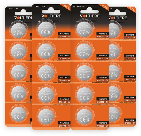 Meerdere verpakkingen van Voltìere CR2032 lithium knoopcelbatterijen op een oranje achtergrond met de tekst 'child resistant packaging'.
