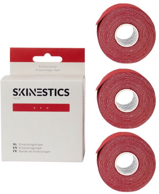 Skinestics verpakking met drie rollen rode professionele kinesiotape.