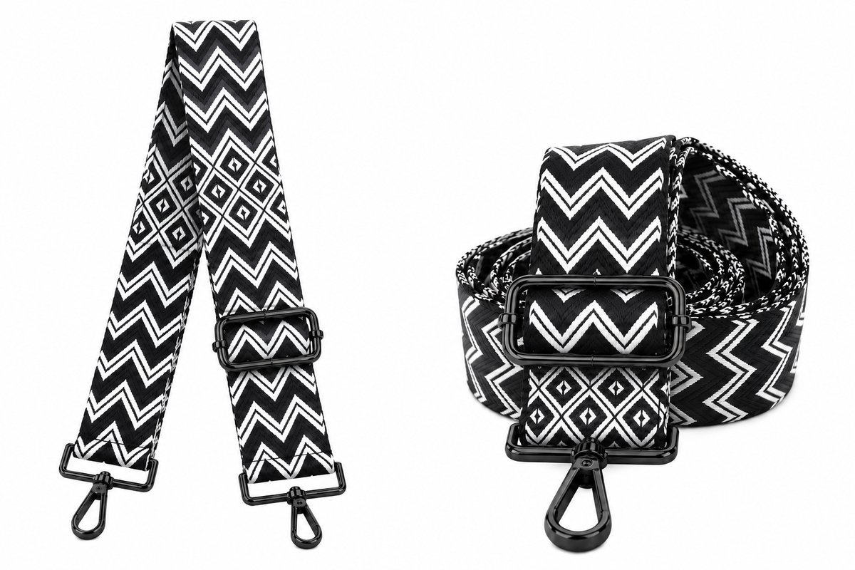 Bag strap - Festival tassenriem - Schouderband - Schouderriem tas - Tassen riem - Tas hengsel - Tassen band - gitaar strap - cameratas band - cross body - verstelbare riem - bag belt - handtas bandje - Zwart Wit