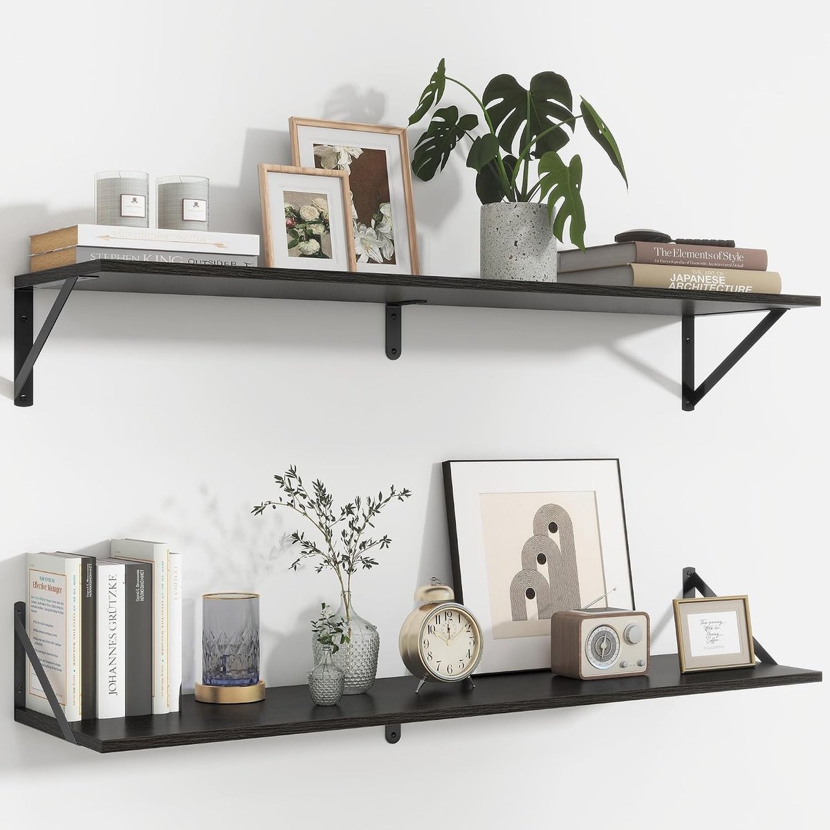Set van 2 Wandplanken van Hout, 90 x 20 cm, Zwarte Plank met Metalen Houder, Ideaal voor Woonkamer, Badkamer, Keuken en Slaapkamer