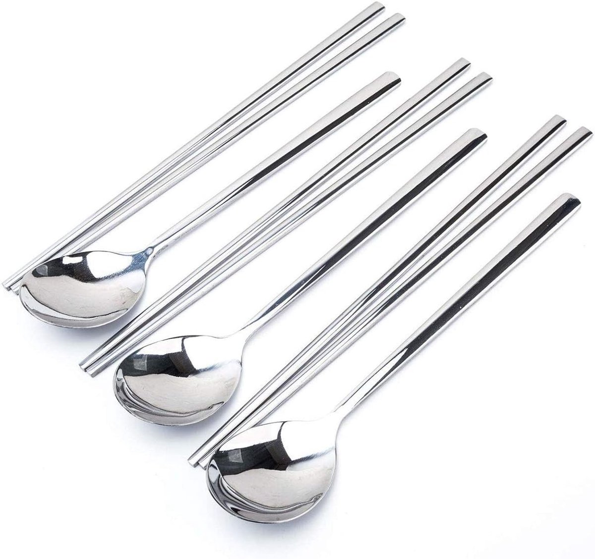 Set van 3 RVS Koreaanse Eetstokjes en Lepels - Voedselveilige 18/10 Metaal, Lange Handgreep, Vaatwasserbestendig, Perfect voor Aziatische Gerechten