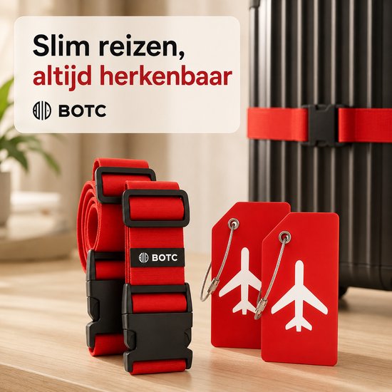 Twee rode BOTC kofferriemen en twee rode bagagelabels met vliegtuig-icoon, naast een zwarte koffer.