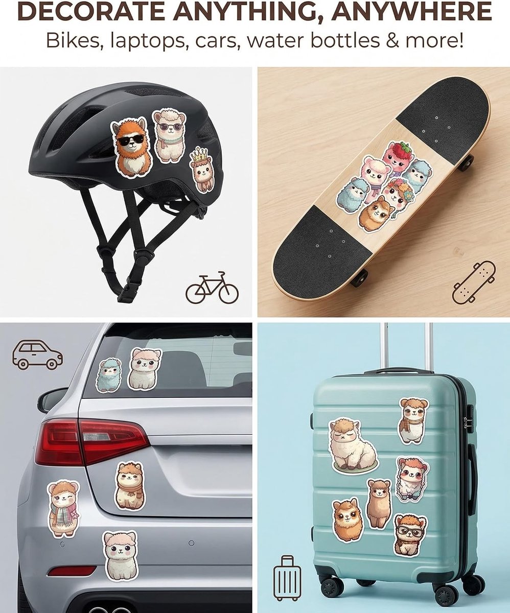 Alpaca stickers set van 50, schattige cartoon stickers voor laptop, skateboard, waterflessen, gitaar en fiets, perfect voor kinderen en tieners
