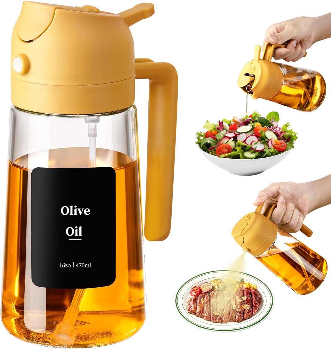 2-in-1 Oliedispenser en Oliesprayer 470 ml, Geel