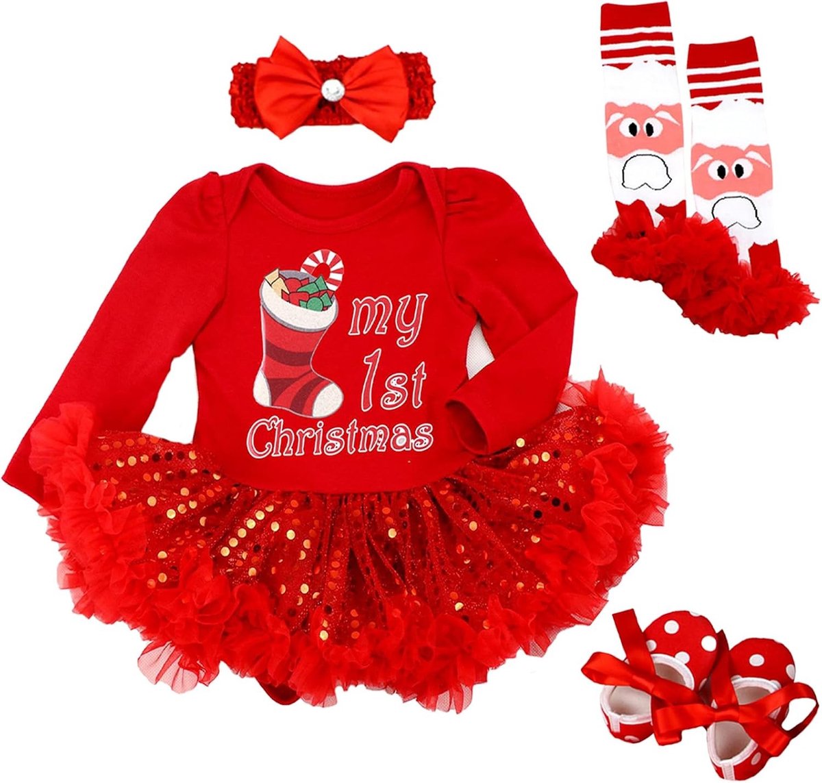 Schattige Eerste Kerst Outfit voor Baby Meisjes - Romper met Tutu Jurk, Pailletten Rok, Schoentjes en Haarband, Perfect voor Feestdagen