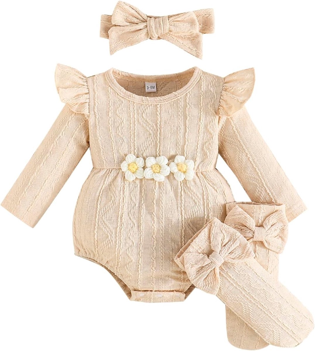3-delige meisjesoutfit voor baby's met ruffles, lange mouwen en bijpassende haarband en sokken, ideaal voor newborns en speciale gelegenheden