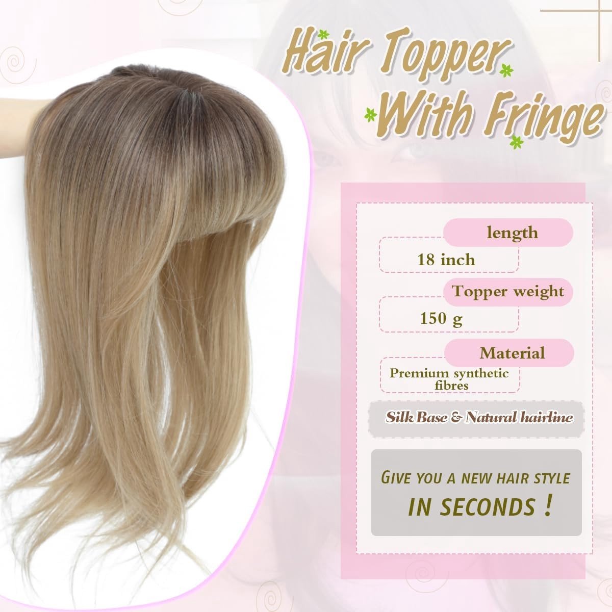 Haartopper 45 cm voor dunner wordend haar met zachte basis van 10 x 15 cm, synthetische haarstukken met pony voor vrouwen, ideaal voor haarverlies en styling