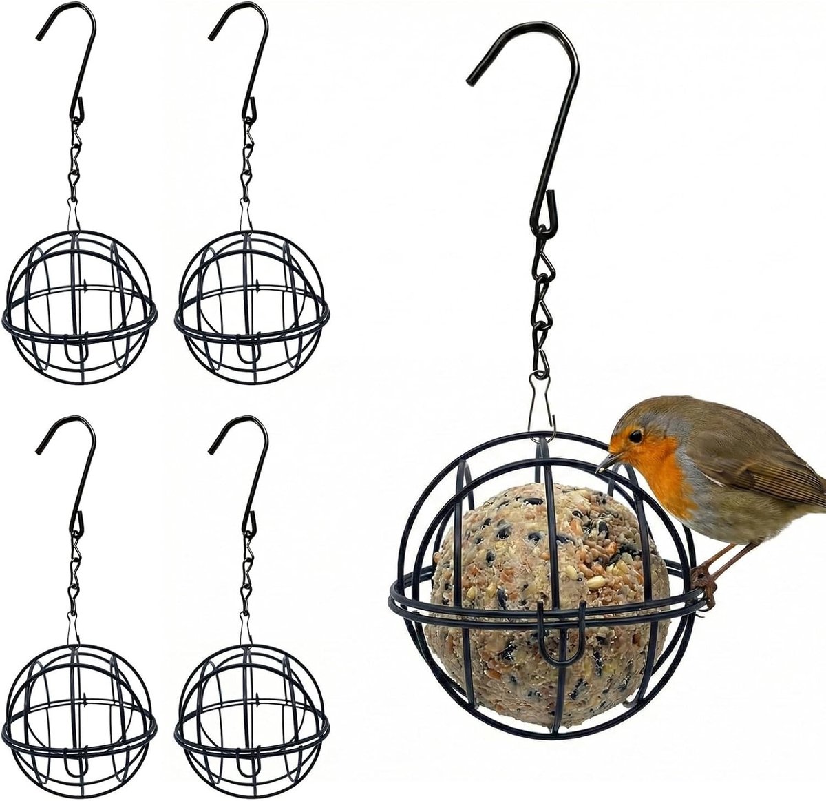 Set van 4 metalen vogelvoeders met S-haak, weerbestendige voederstations voor vogels, ideaal voor tuin en balkon, met flipdeksel en diameter voor eenvoudig gebruik