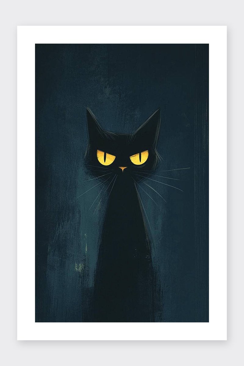 Kat Poster - Zwarte - Aquarel - Dieren - Kunst - Kinderkamer - Kinder - Mysterieus - posters - formaat 30x40cm - Wanddecoratie - BXS5155AZ - Met kader - passe-partouts stijl