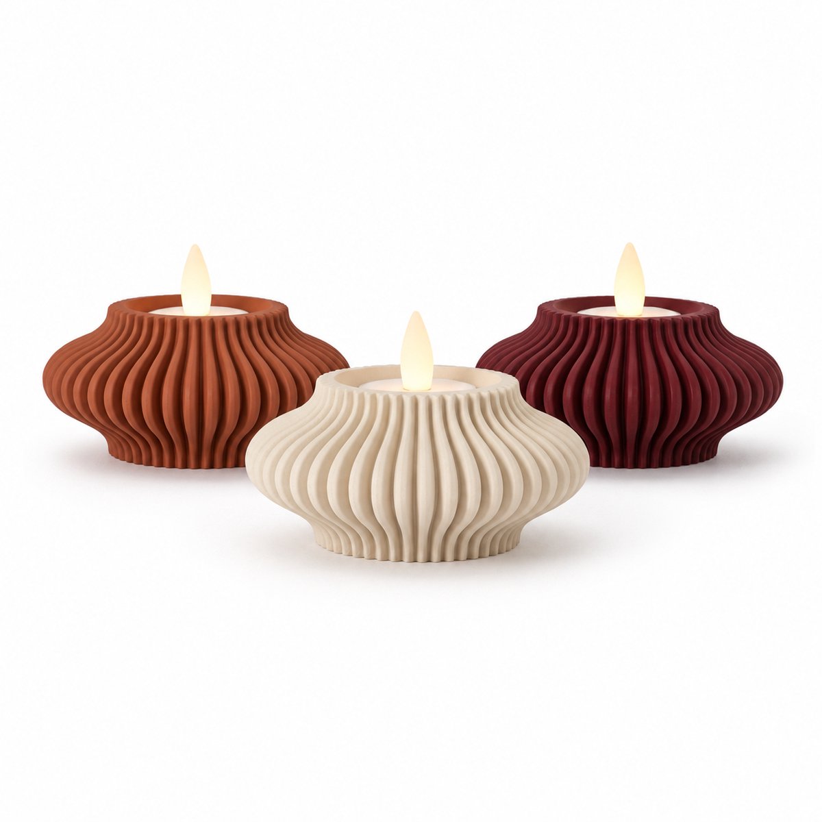 LED Theelichthouders Set van 3 – 3D Geprinte Kaarsenhouders – Geribbeld Design – Moderne Woondecoratie