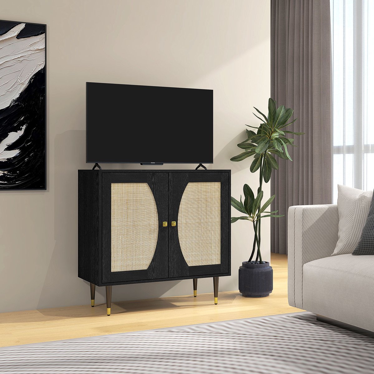 AURA LUMEN Buffetkast-Buffet keukenmeubel boheemse stijl met rotanfront-80x38x79 cm-zwart