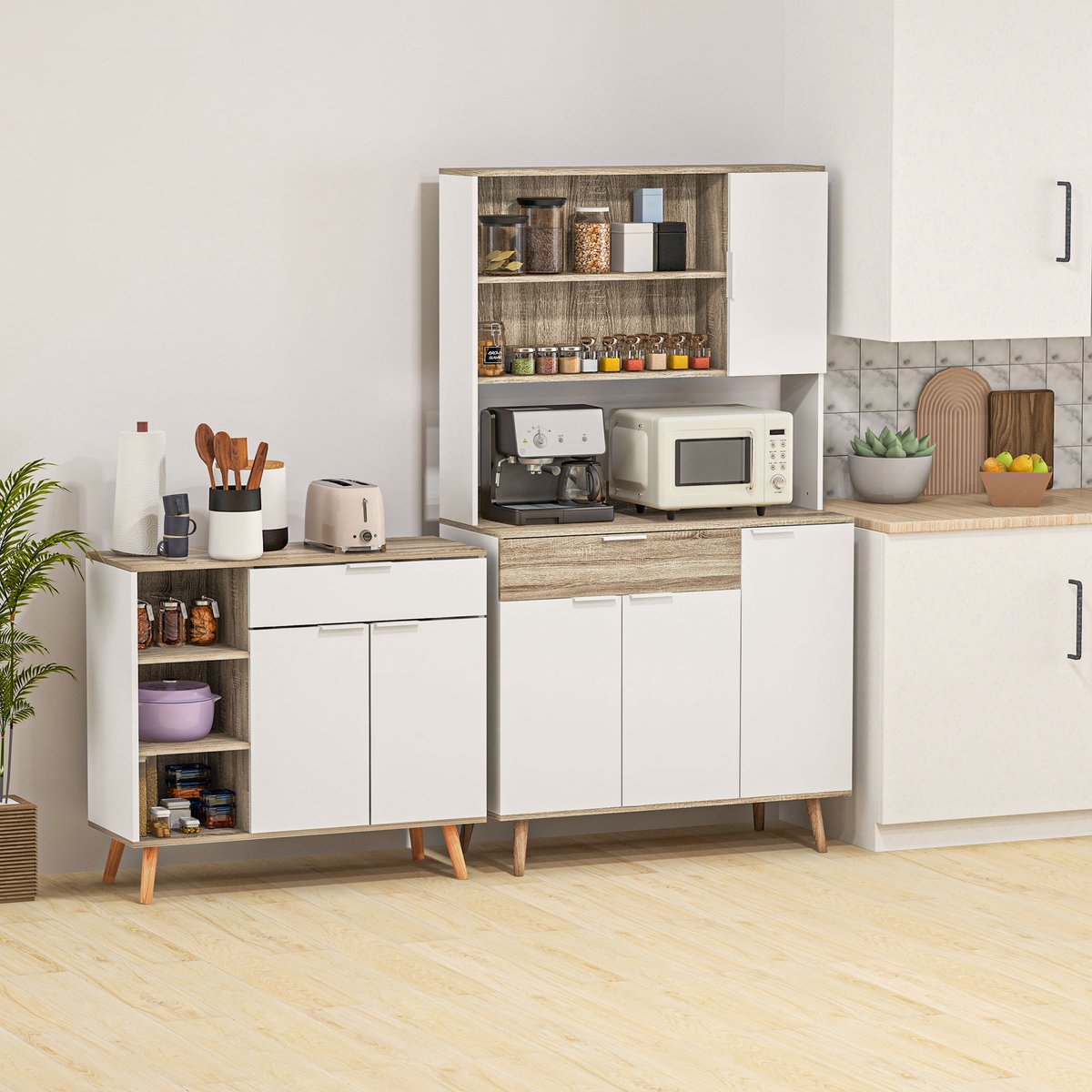 AURA LUMEN Buffetkast-Buffet keuken opbergmeubel wit hout 1 lade 1 dubbele deur kast 3 verstelbare planken 95x35x85 cm