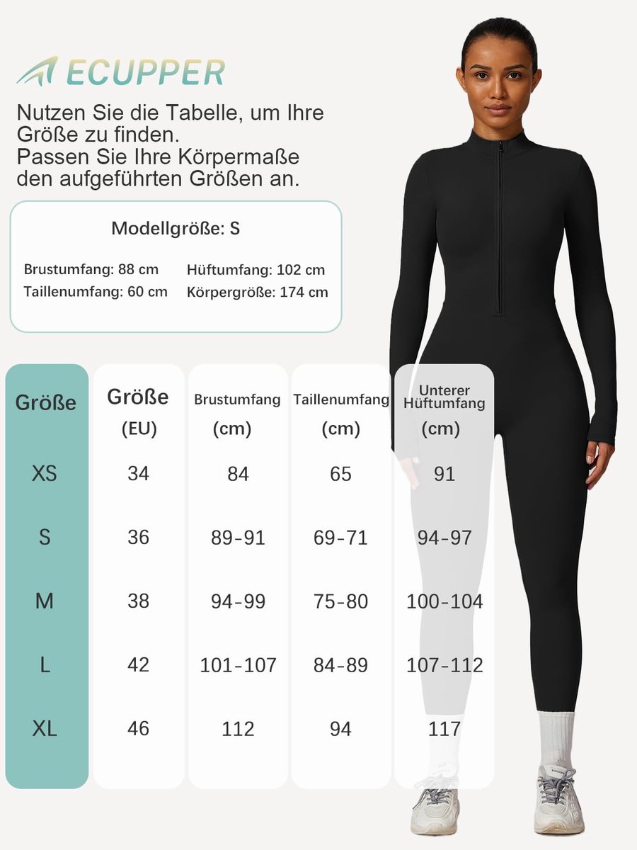 Ecupper Jumpsuits Dames Yoga Bodycon Eendelig Zip Up Overall Rompers Lange mouwen Workout Outfit Zwart XS - ShopVlot
