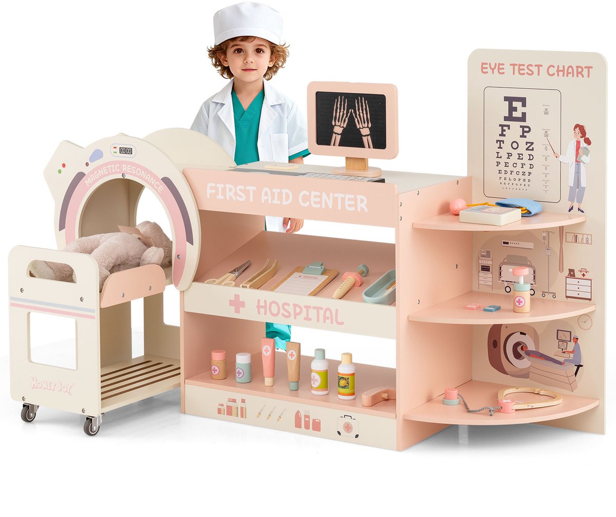 COSTWAY Houten dokterspeelset, ziekenhuis, rollenspel met Journalklämma, stethoscoop, CT-apparaat, verwisselbare films en medische accessoires, medisch centrum voor kinderen vanaf 3 jaar, roze