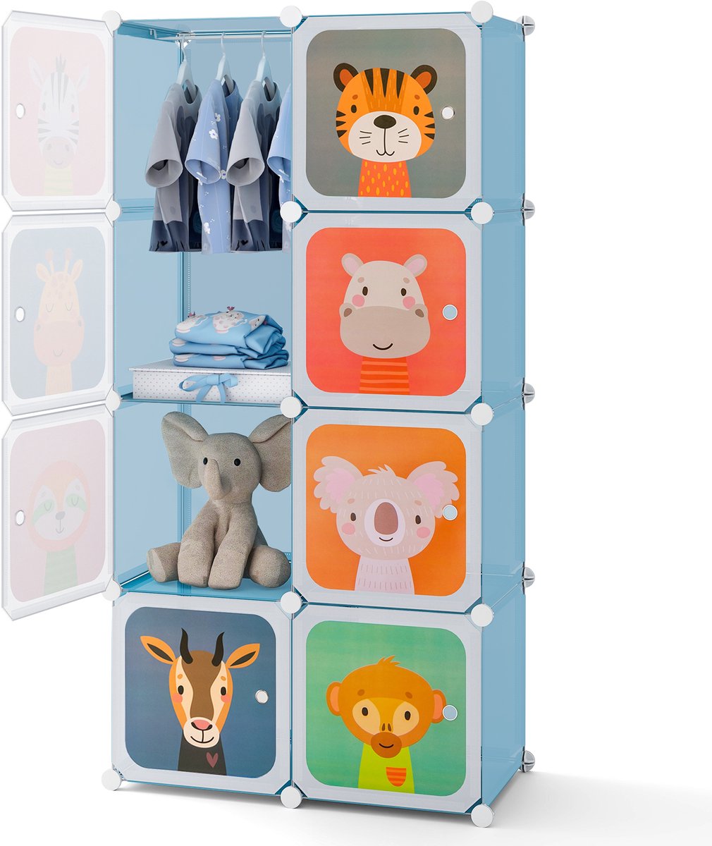 COSTWAY Kinderkledingkast RekSysteem met 8 Kubussen, Uitbreidbare Kunststof Opbergkast met Deuren en Hangers voor Kinderkamer en Slaapkamer, Blauw