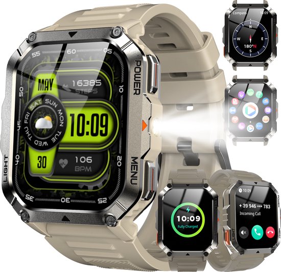 Robuuste Outdoor Smartwatch voor Heren – Bellen | Gebeld Worden – Waterdichte Fitnesstracker met Bloeddruk – Hartslag – SpO2 en Slaapmonitoring - Sporthorloge - Tactische Bluetooth Smart Watch voor iOS/Android - Khaki