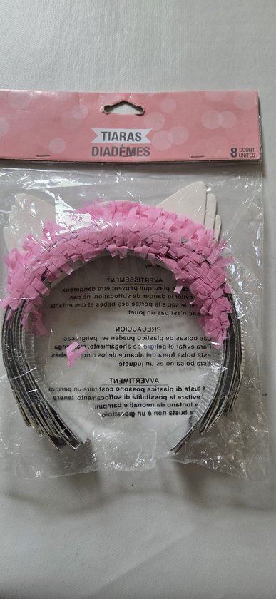 Verpakking met 8 roze hoofdbanden met franjes, 'Tiara's Diademen'.