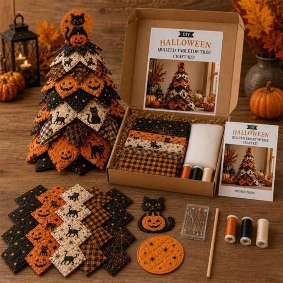 DIY Halloween Patchwork Boom – Naaipakket voor Gewatteerde Boomdecoratie – 20x11 cm Tafeldecoratie – Feestelijke Woonaccessoire – Inclusief Materialen