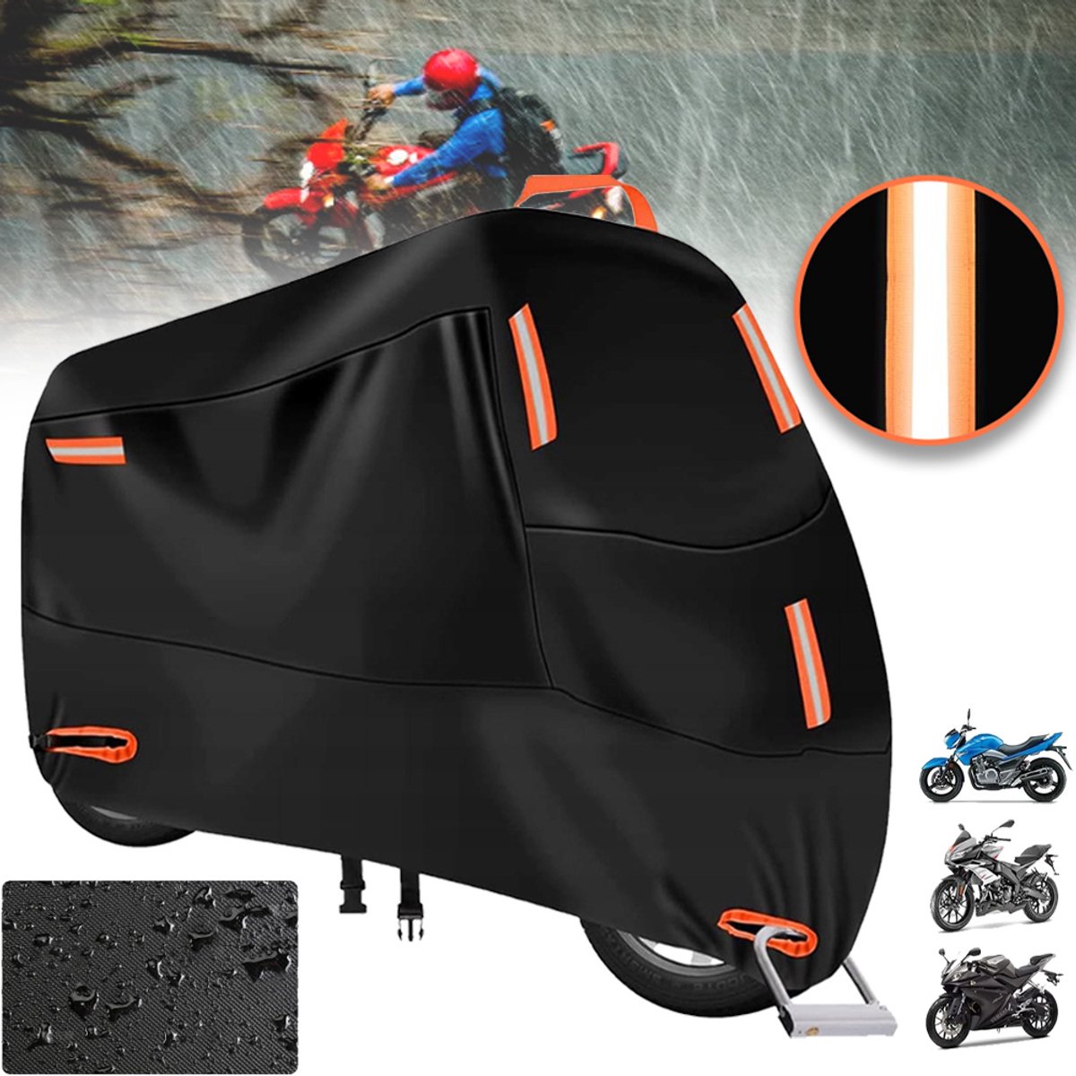 Waterdichte Motorhoes 210d Oxford - 4 Reflecterende Strepen 2 Sluitgaten 2 Winddichte Gespen Duurzaam En Scheurvast - Universele Pasvorm - Zwart